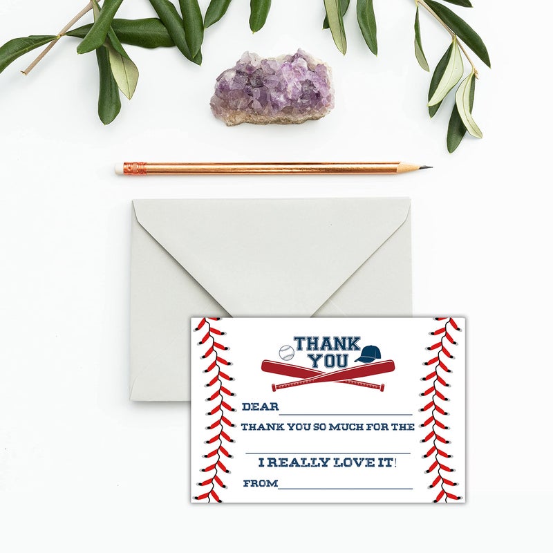 TENTADO Baseball Thank You Cards, Baseball Thank You Cards with Envelopes, Kids Fill in the Blank Thank You Cards, 20 Count with Envelopes, 4X6 inch. - Image 2